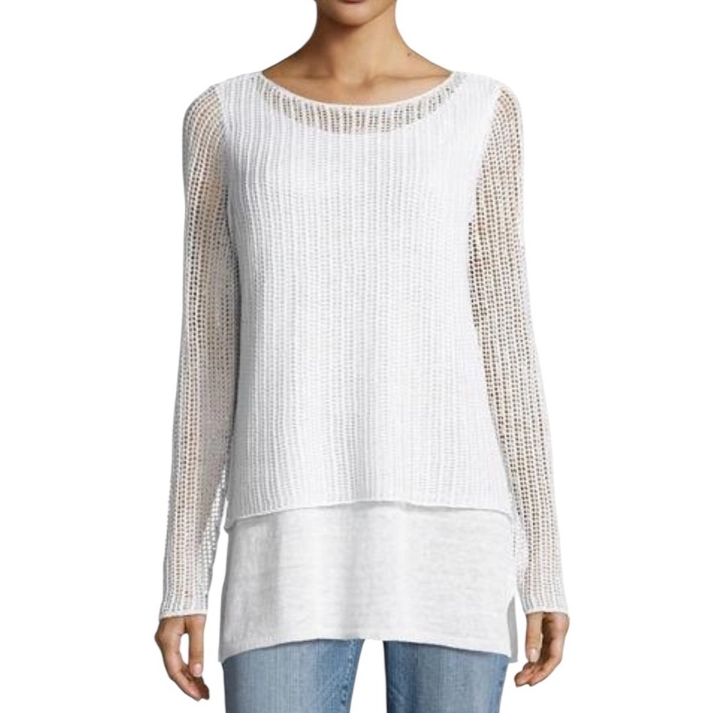 Eileen Fisher Linen Knit Mesh Overlay Tiered Layered Sweater Top White Size XXS - Picture 12 of 12